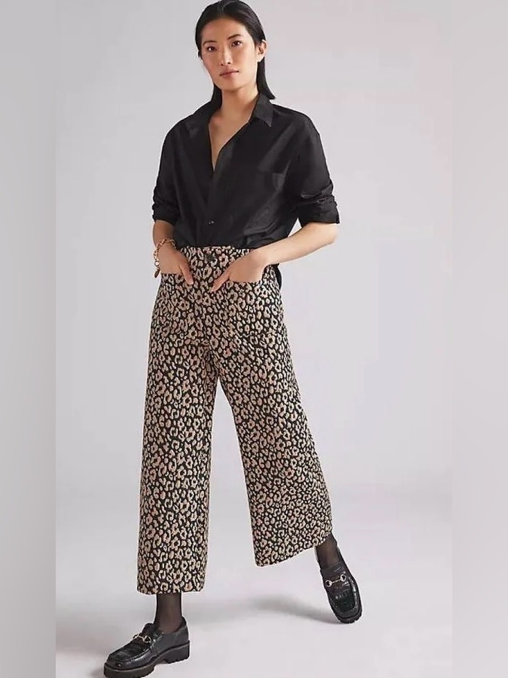 Anthropologie Maeve Leopard Brocade Animal Print Wide Leg Ankle Pants